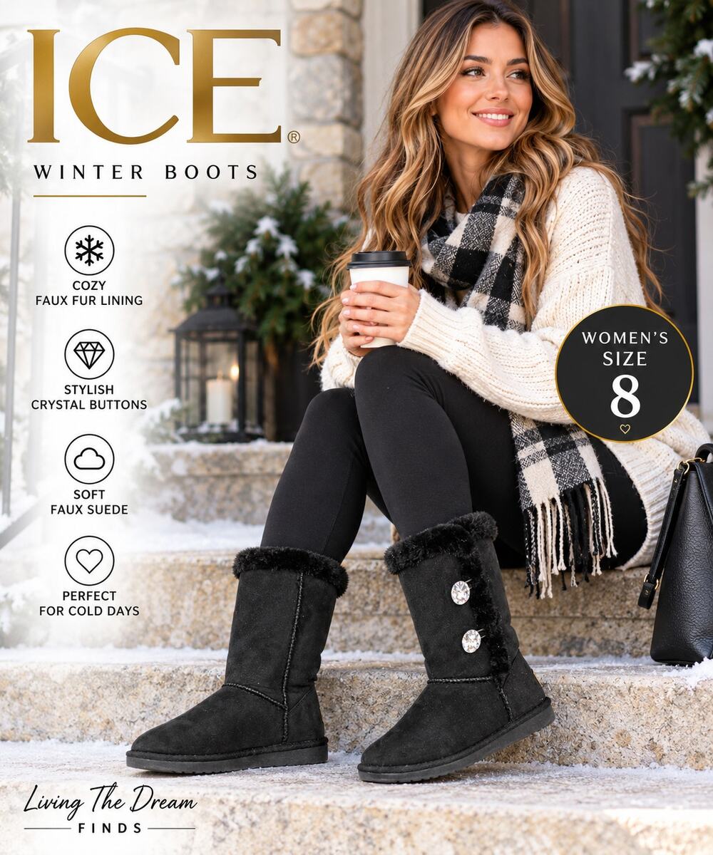 ICE Women’s Size 8 Black Faux Suede Faux Fur Crystal Button Winter Boots